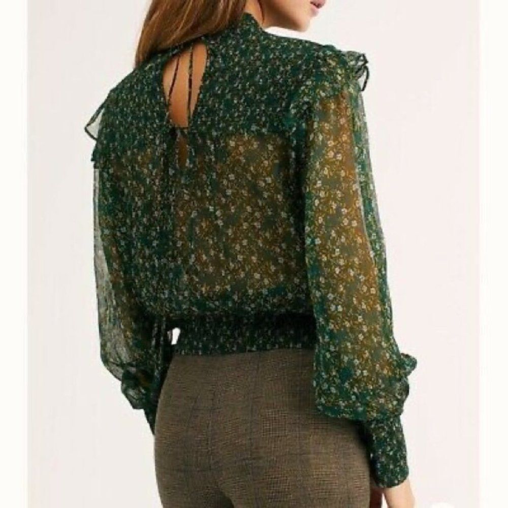 Free People Roma Blouse Forest Green Floral Smocked Top NWT Size XS - Picture 6 of 10